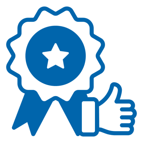 Blue award ribbon with thumbs-up icon.
