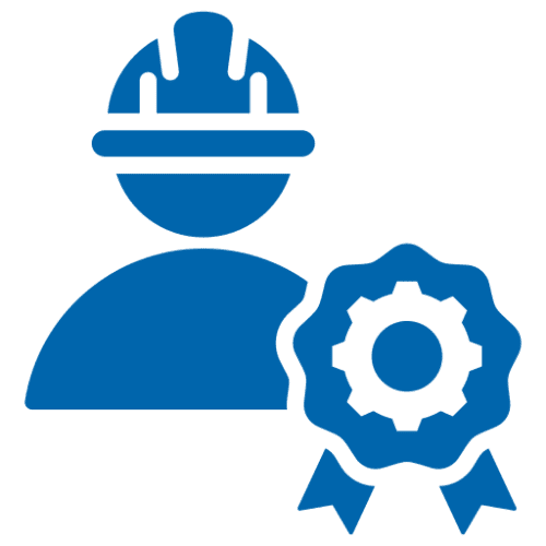 Blue icon: worker with certification badge.
