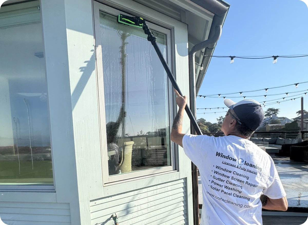 Person cleaning window with long brush.
