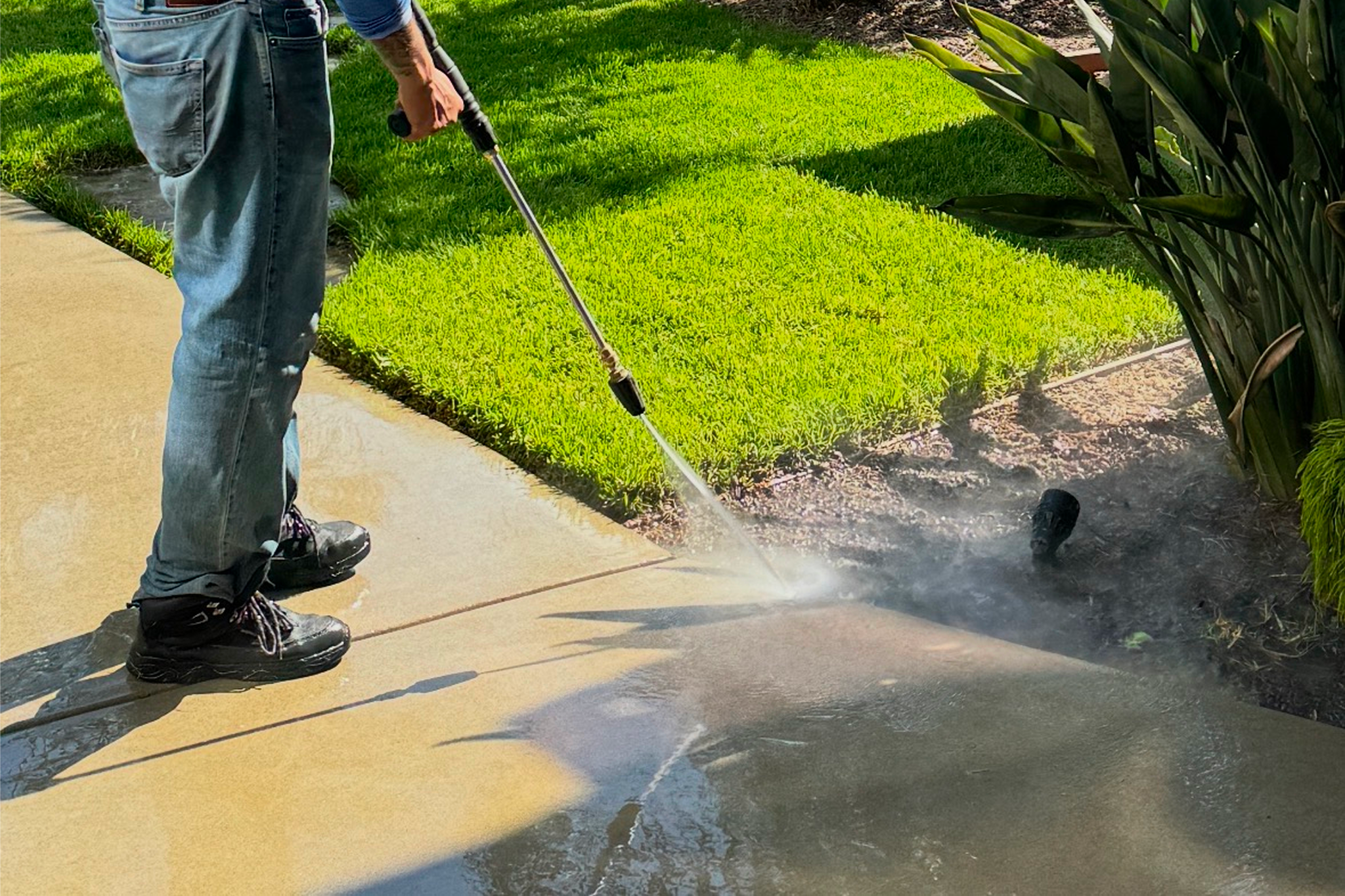 Person pressure-washing a concrete sidewalk.