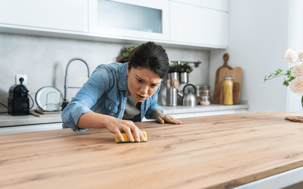 Woman cleaning wooden kitchen counter attentively.