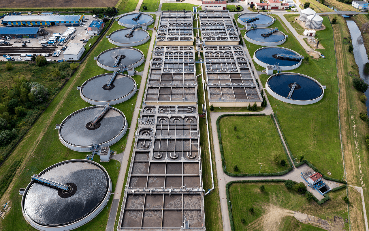 Aerial view of a wastewater treatment plant.